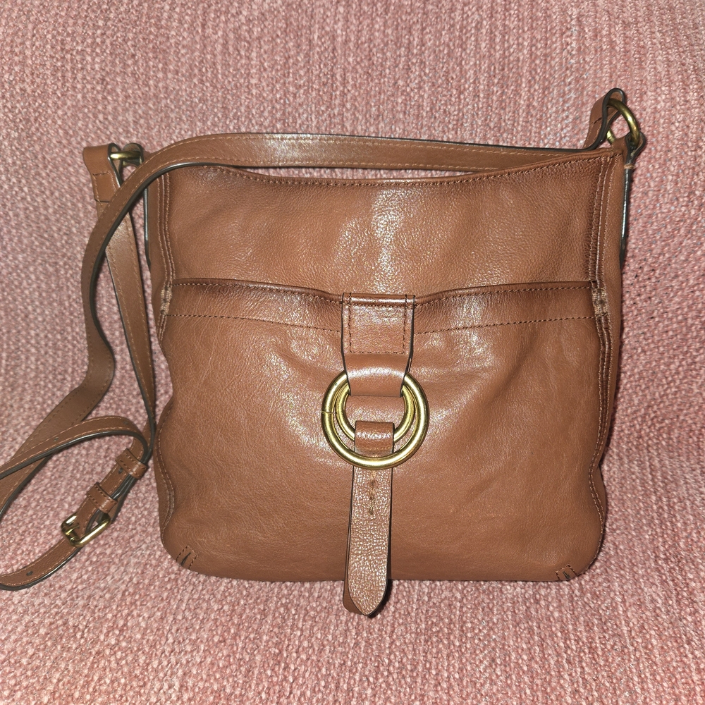 Frye Tan Leather Crossbody Bag with Gold Rings